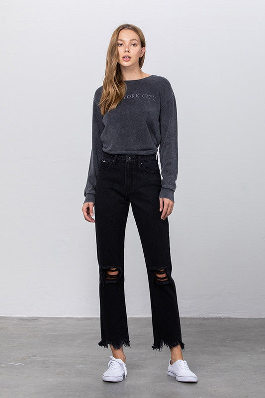 High Waist Ripped Frayed Hem Straight Black Jeans - Tigbul's Variety Fashion Shop
