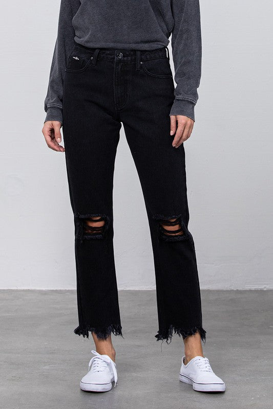 High Waist Ripped Frayed Hem Straight Black Jeans - Tigbul's Variety Fashion Shop