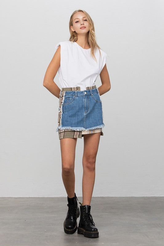 Plaid Checker Mini Denim Skirt - Tigbul's Variety Fashion Shop