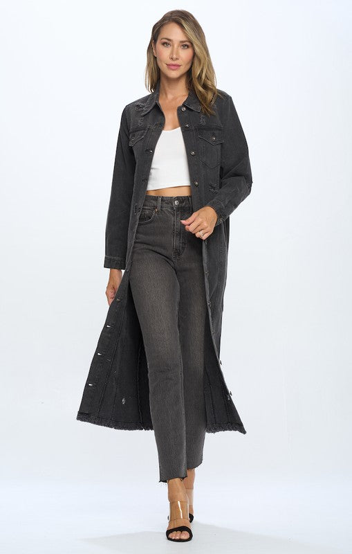 Women's Long Distressed Denim Jacket - Tigbul's Variety Fashion Shop