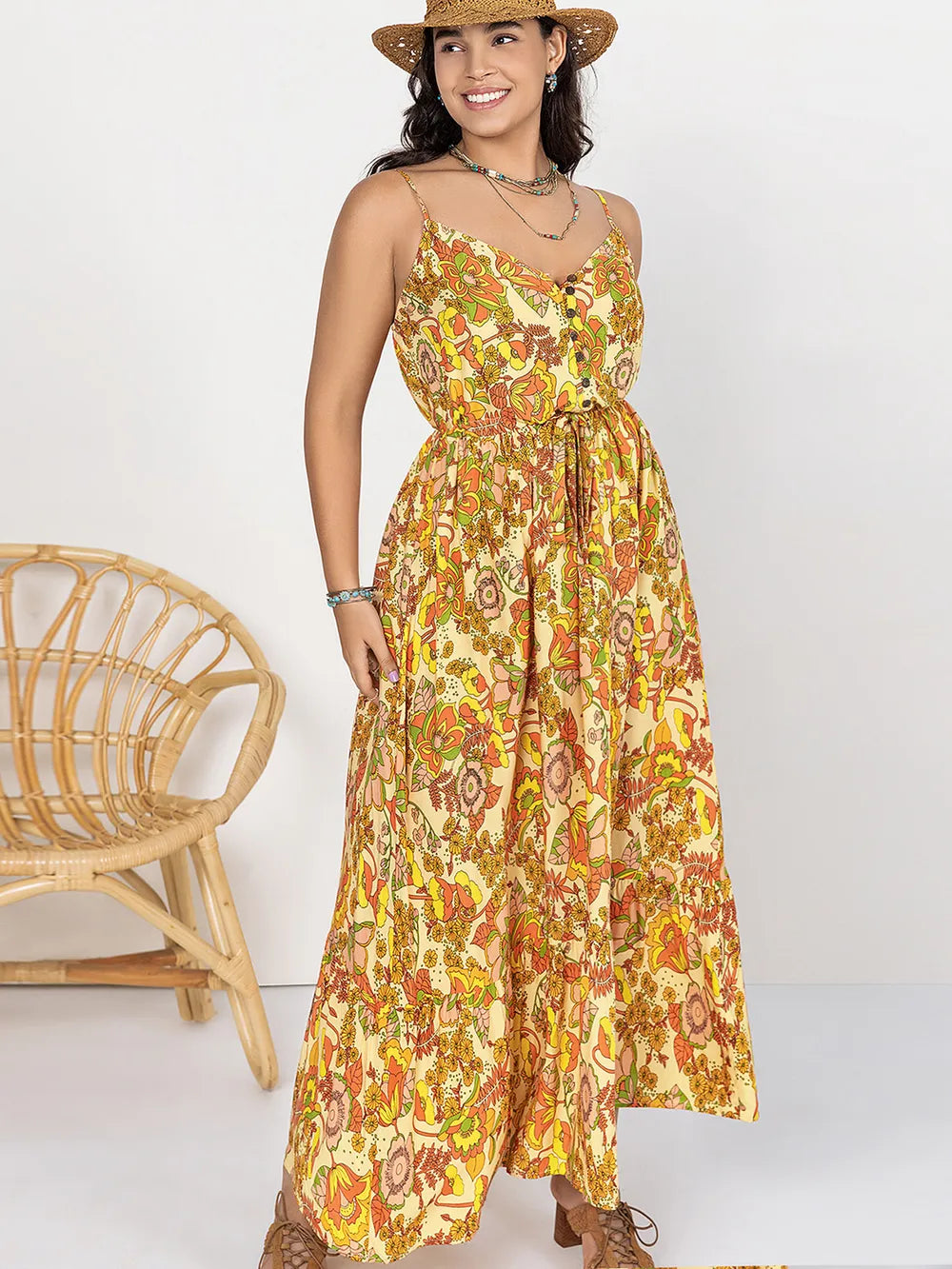 Plus Size Printed V-Neck Maxi Cami Dress - Tigbul's Variety Fashion Shop
