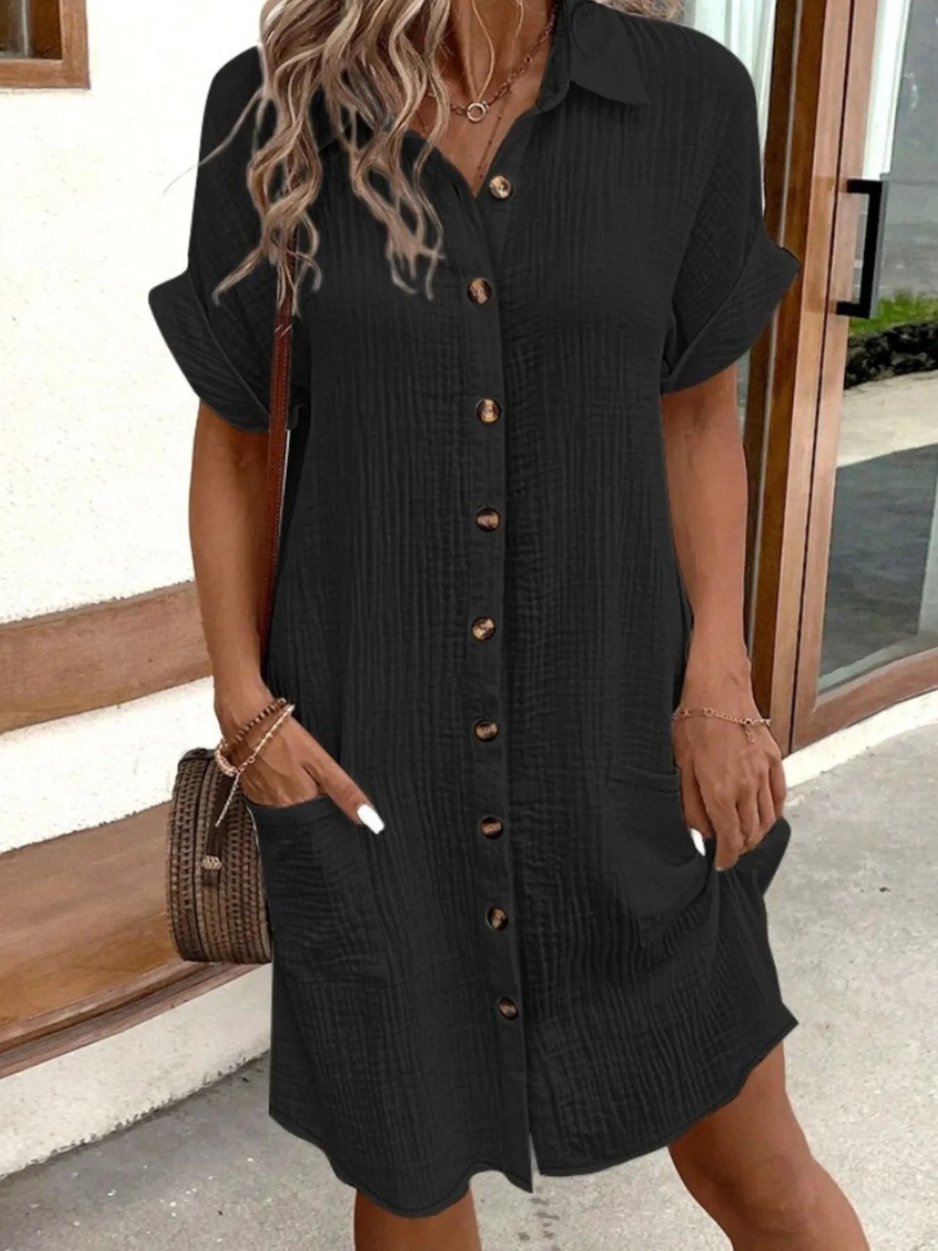 Casual Button Down Cotton Shirt Dress with Pockets - Tigbul's Variety Fashion Shop