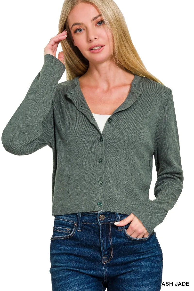 Zenana Button-Front Crewneck Long Sleeve Cropped Cardigan - Tigbul's Variety Fashion Shop