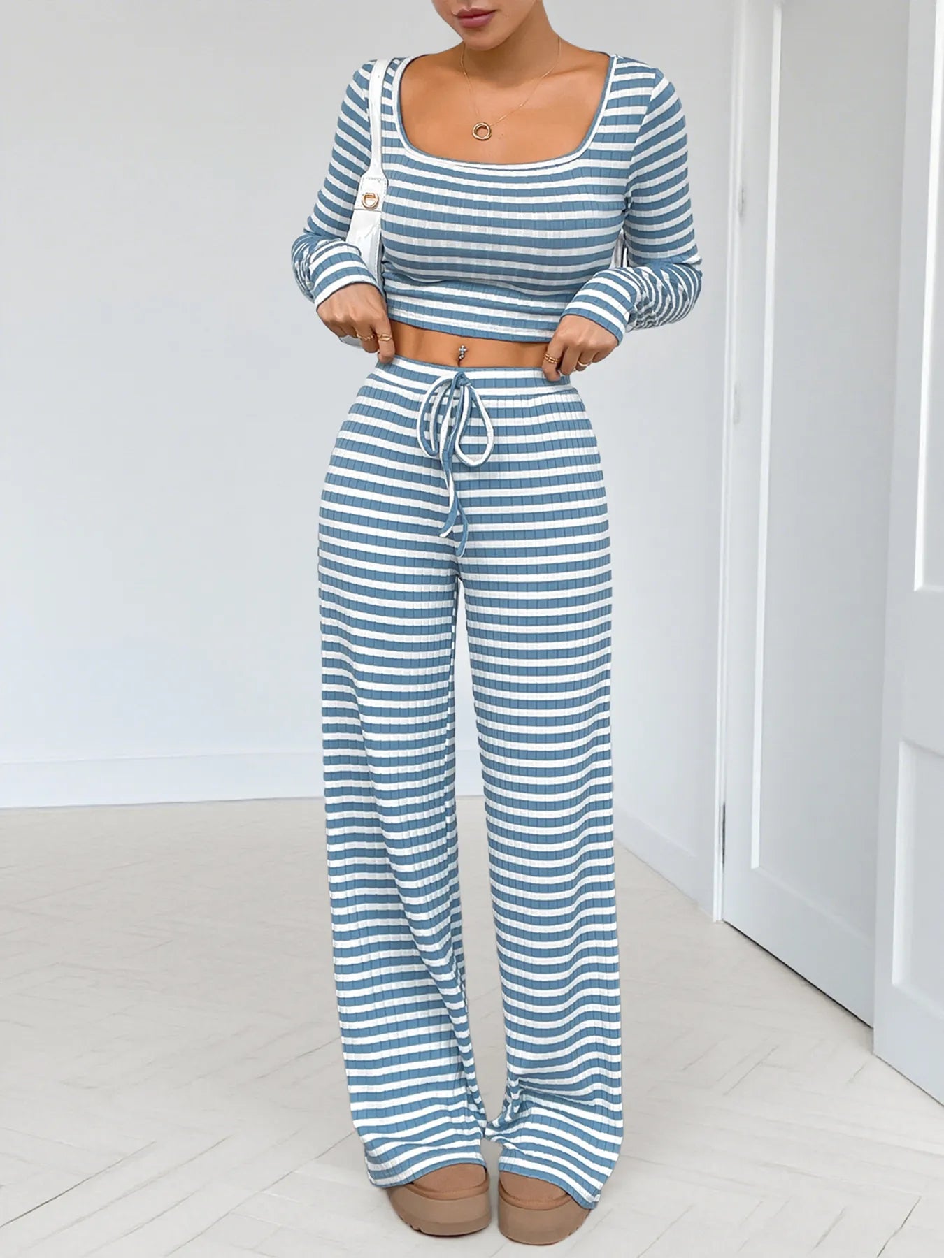 Striped Square Neck Long Sleeve Top and Pants Lounge Set - Tigbul's Variety Fashion Shop