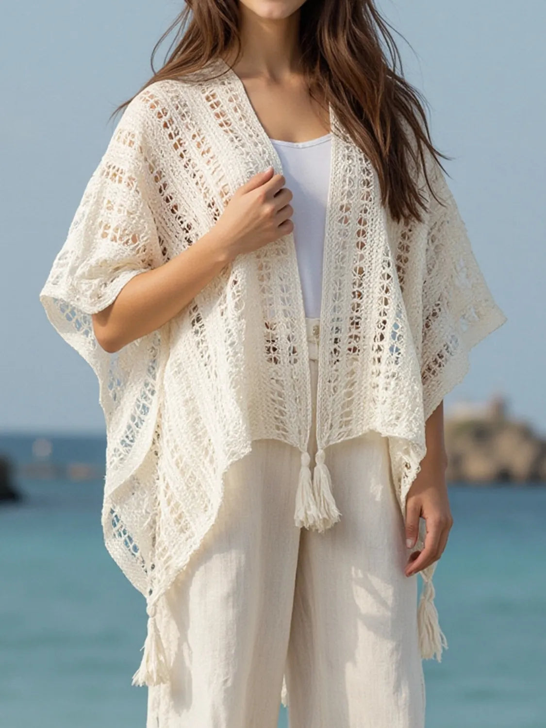 Openwork Tassel Open Front Knit Cover Up - Tigbul's Variety Fashion Shop