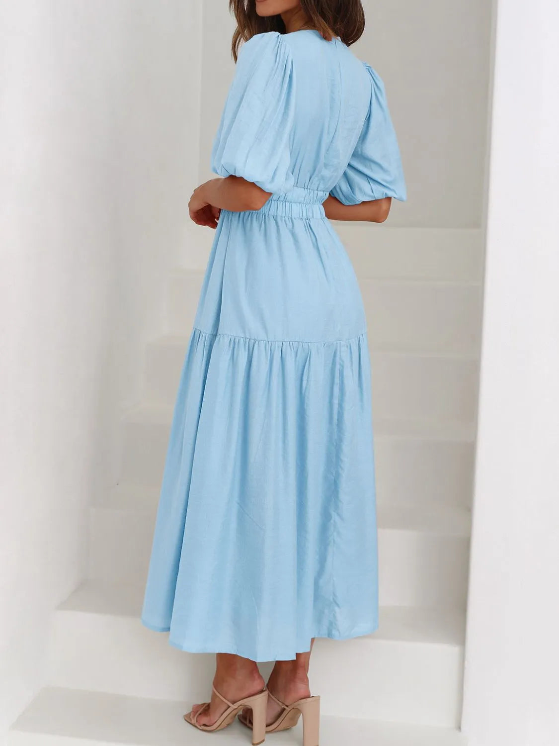 V-Neck Puff Sleeve Midi Dress - Tigbul's Variety Fashion Shop