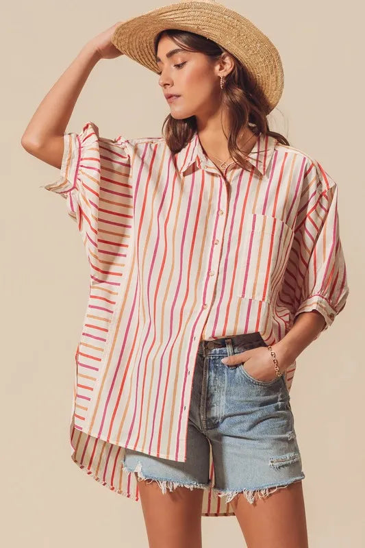 Pink Multicolored Stripe Button Down Shirt - Tigbul's Variety Fashion Shop