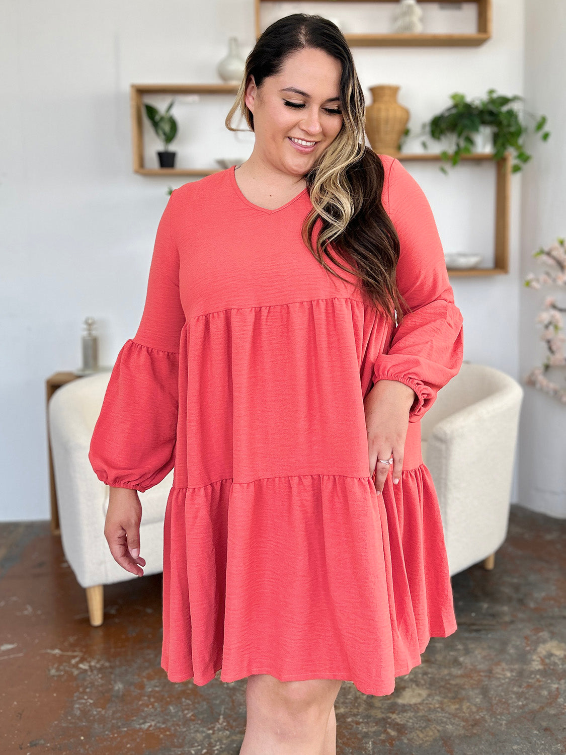 V-Neck Balloon Sleeve Tiered Dress with Pockets - Tigbul's Variety Fashion Shop