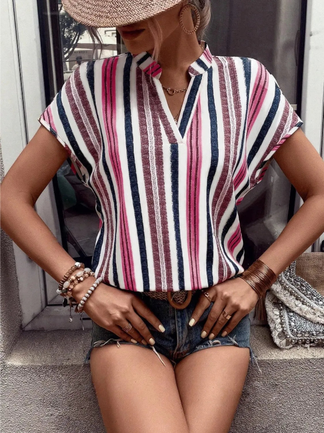 Striped Notched Short Sleeve Shirt - Tigbul's Variety Fashion Shop