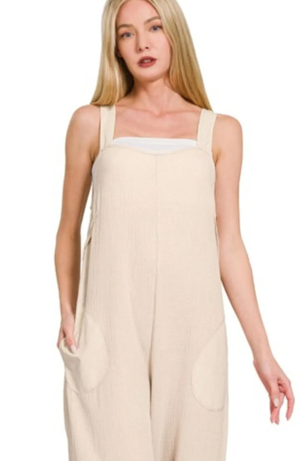 Double Gauze Washed Wide Leg Beige Overalls - Tigbul's Variety Fashion Shop