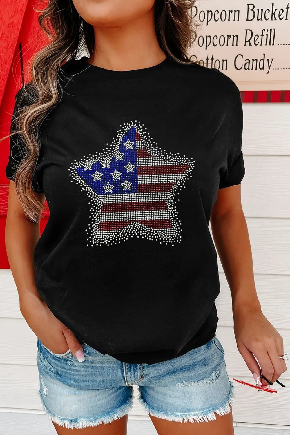 Star Round Neck Short Sleeve Black T-Shirt - Tigbul's Variety Fashion Shop