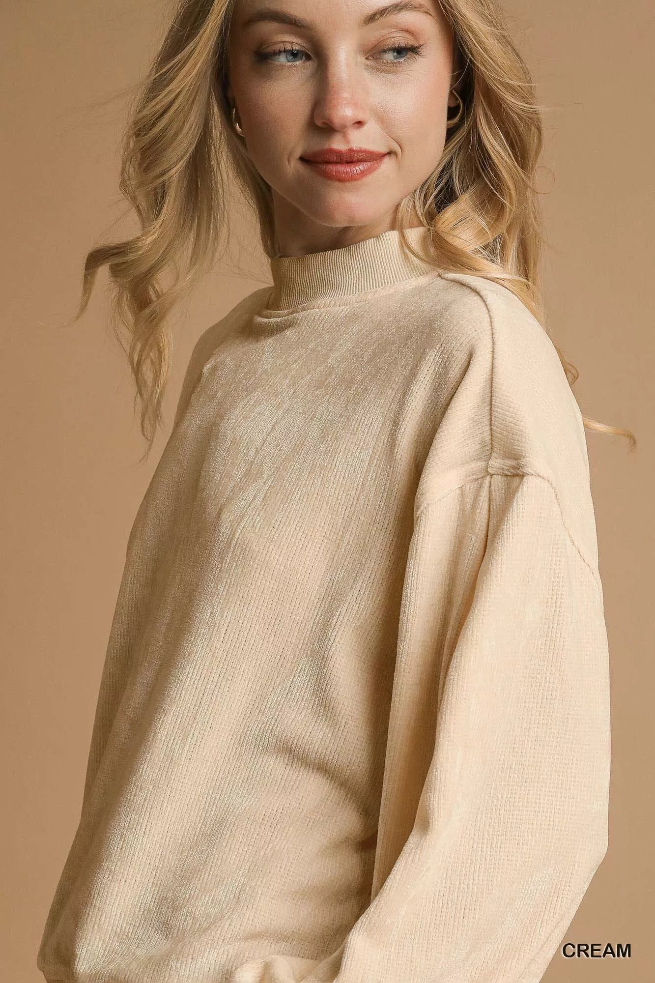 Umgee Velour Crewneck Balloon Sleeve Sweatshirt - Tigbul's Variety Fashion Shop
