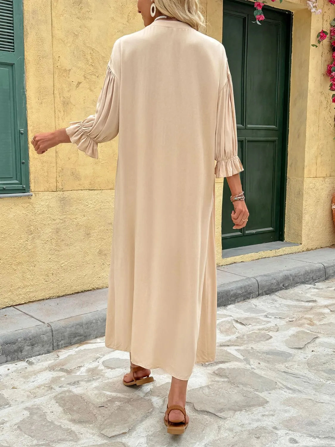 Button Front Flounce Sleeve Tan Dress - Tigbul's Variety Fashion Shop