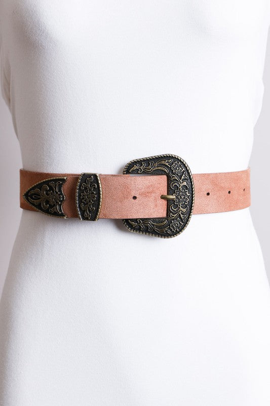 Suede Antique Gold Western Buckle Belt - Tigbul's Variety Fashion Shop