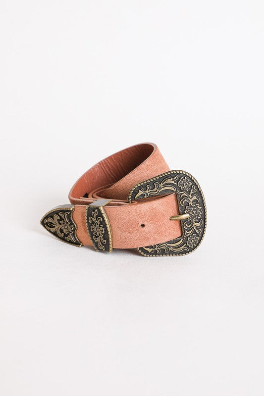 Suede Antique Gold Western Buckle Belt - Tigbul's Variety Fashion Shop