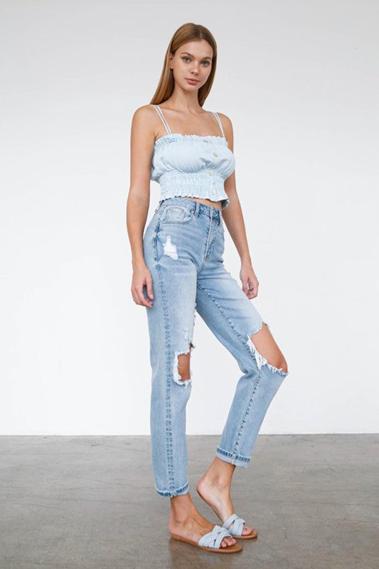 High Waist Destroyed Hem Boyfriend Jeans - Tigbul's Variety Fashion Shop