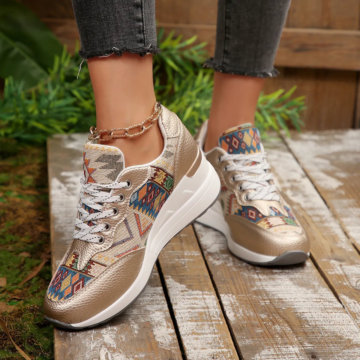 Geometric Lace Up Wedge Sneakers - Tigbul's Variety Fashion Shop