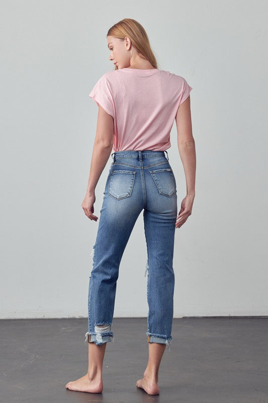 Mid Rise Stretch Raw Hem Ripped Boyfriend Jeans - Tigbul's Variety Fashion Shop