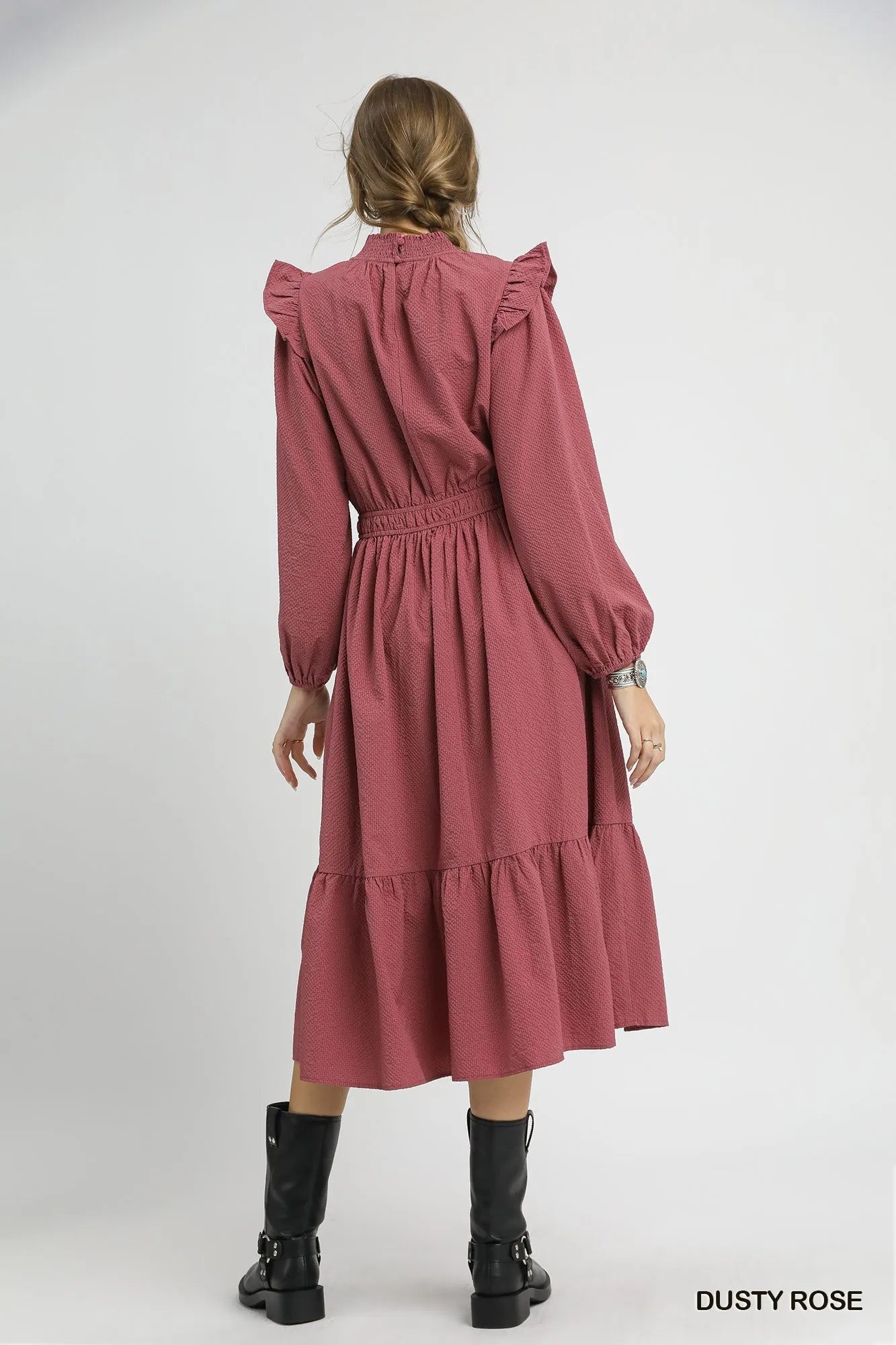 Umgee Textured Midi Dress with Ruffle Shoulder Detail - Tigbul's Variety Fashion Shop