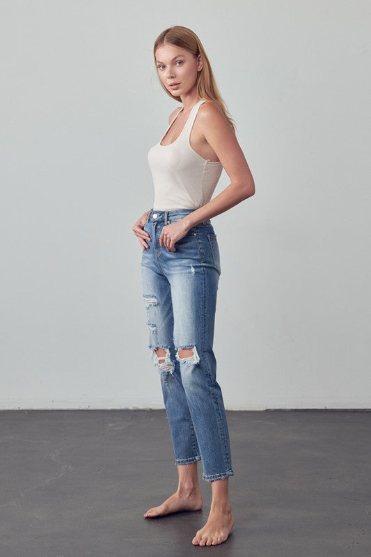 High Rise Distressed Girlfriend Jeans - Tigbul's Variety Fashion Shop