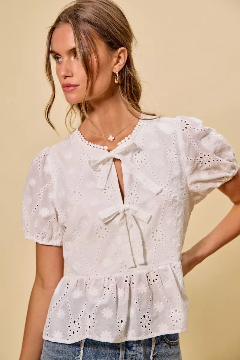 White Cotton Eyelet Front Tie Short Sleeve Blouse - Tigbul's Variety Fashion Shop