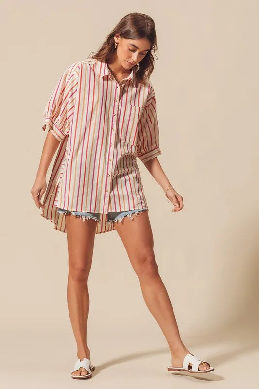 Pink Multicolored Stripe Button Down Shirt - Tigbul's Variety Fashion Shop