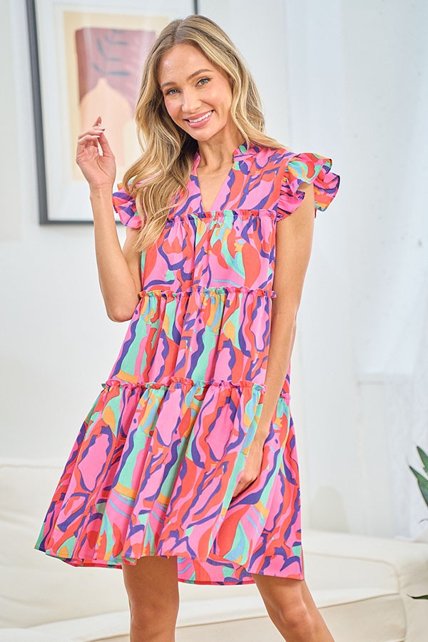 First Love Full Size Printed Ruffle Cap Sleeve Tiered Dress - Tigbul's Variety Fashion Shop