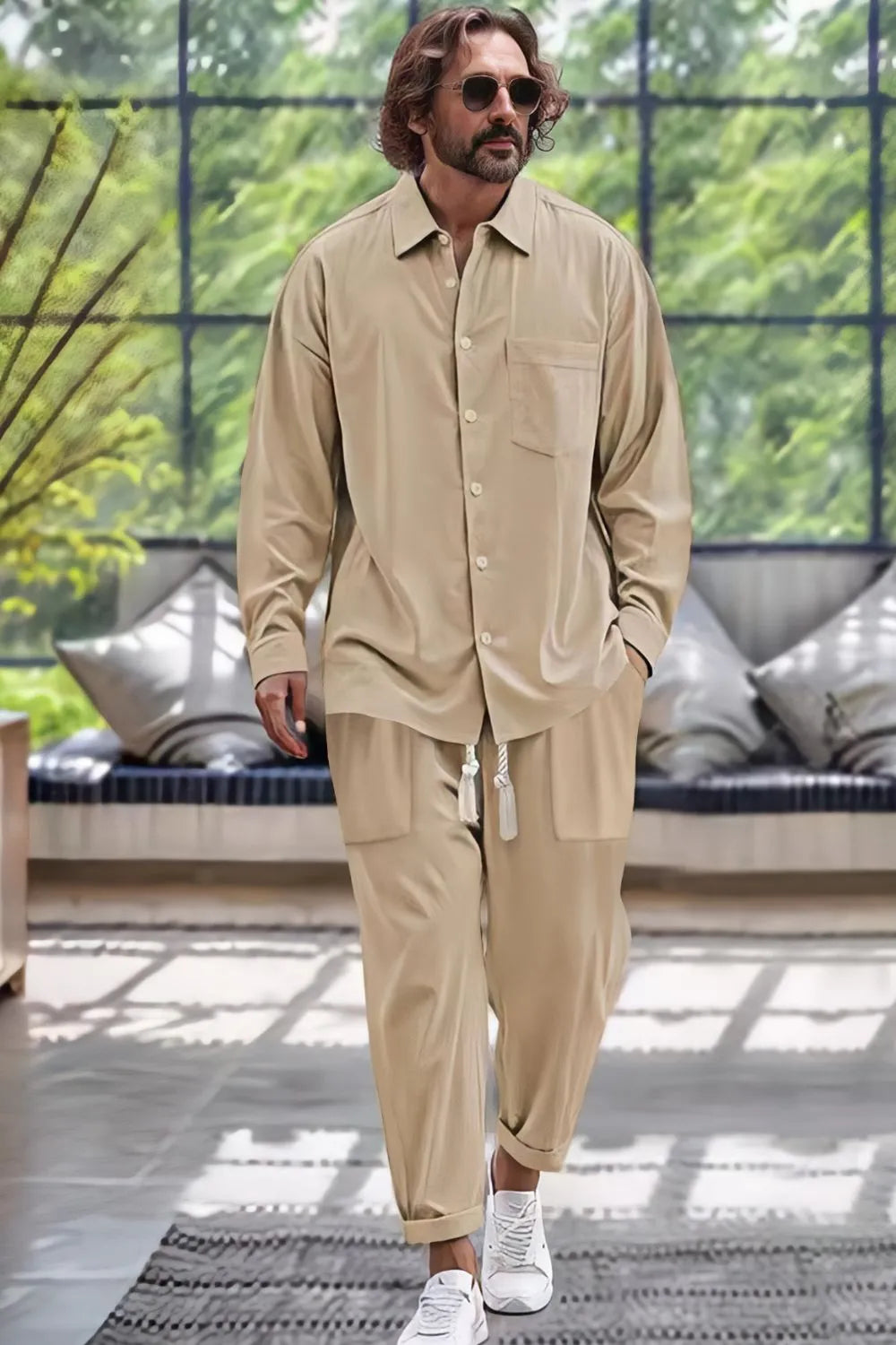 Men's Collared Neck Long Sleeve Top and Pants Set Plus Size - Tigbul's Variety Fashion Shop