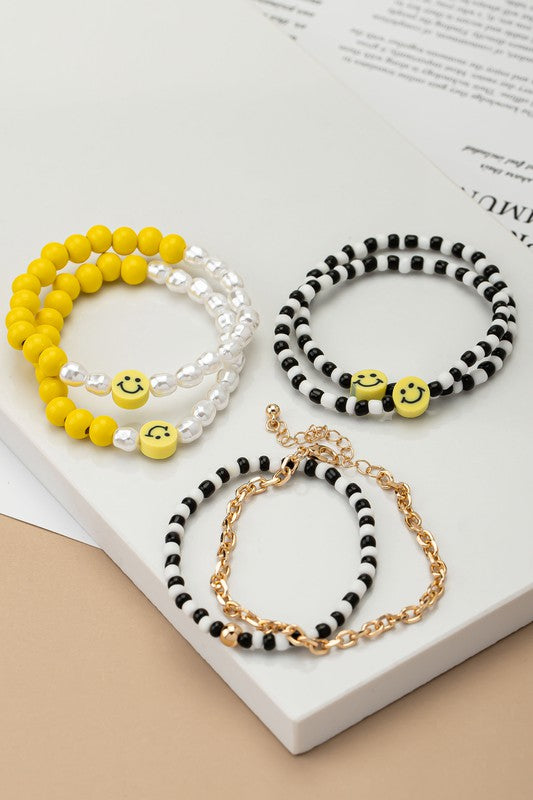 6 beaded bracelets set with polymer smiley face - Tigbul's Variety Fashion Shop