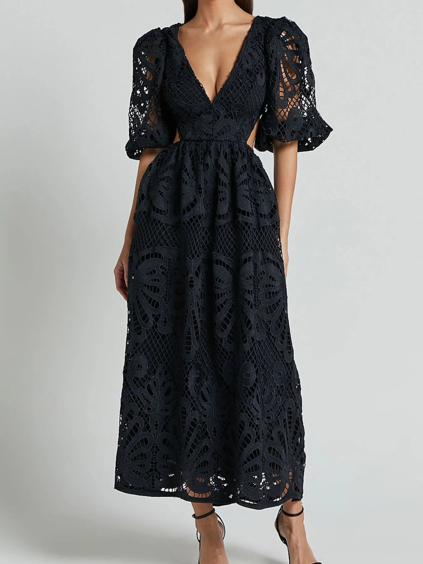 Cutout Back Lace Crochet V-Neck Dress - Tigbul's Variety Fashion Shop