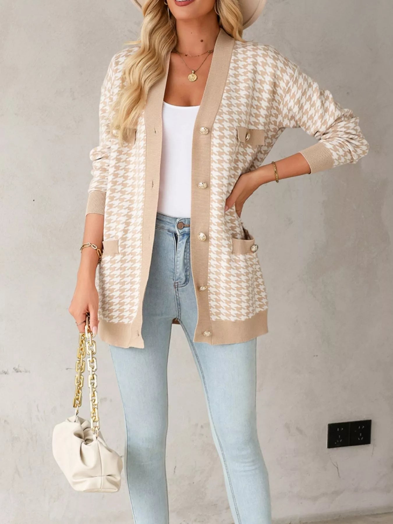 Contrast Edge Metal Button Slim Cardigan with Pockets - Tigbul's Variety Fashion Shop