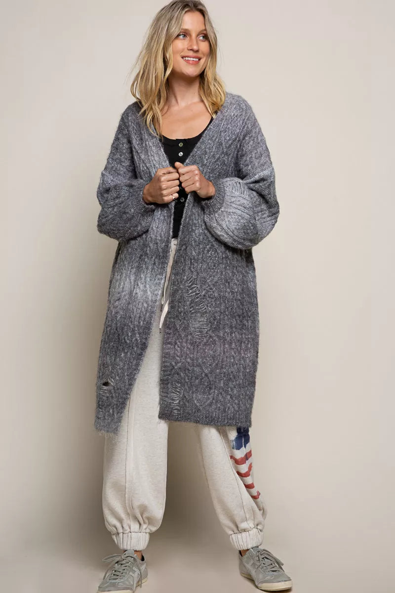 POL Distressed Cable-Knit Ombre Dying Cardigan - Tigbul's Variety Fashion Shop
