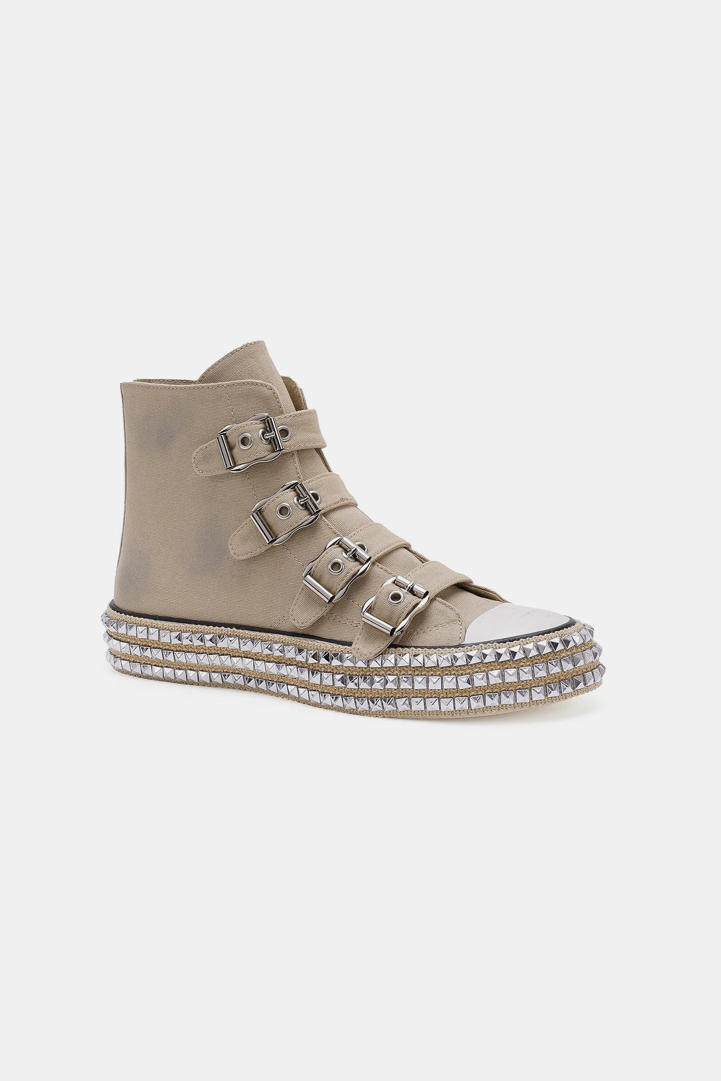 Khaki Multi-Buckle Straps Studded Platform Sneakers - Tigbul's Variety Fashion Shop