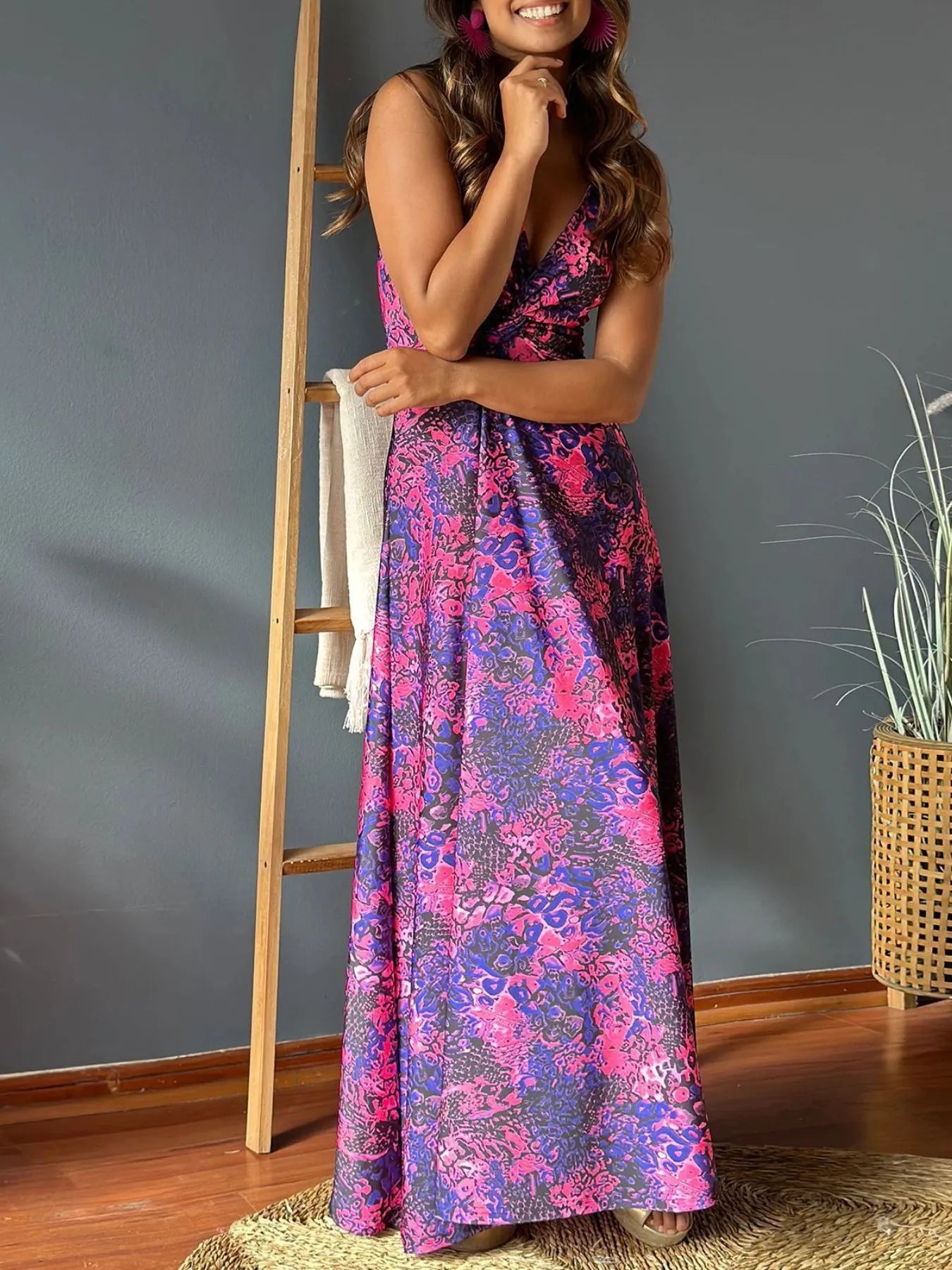 Tropical Print V-Neck Maxi Dress - Tigbul's Variety Fashion Shop
