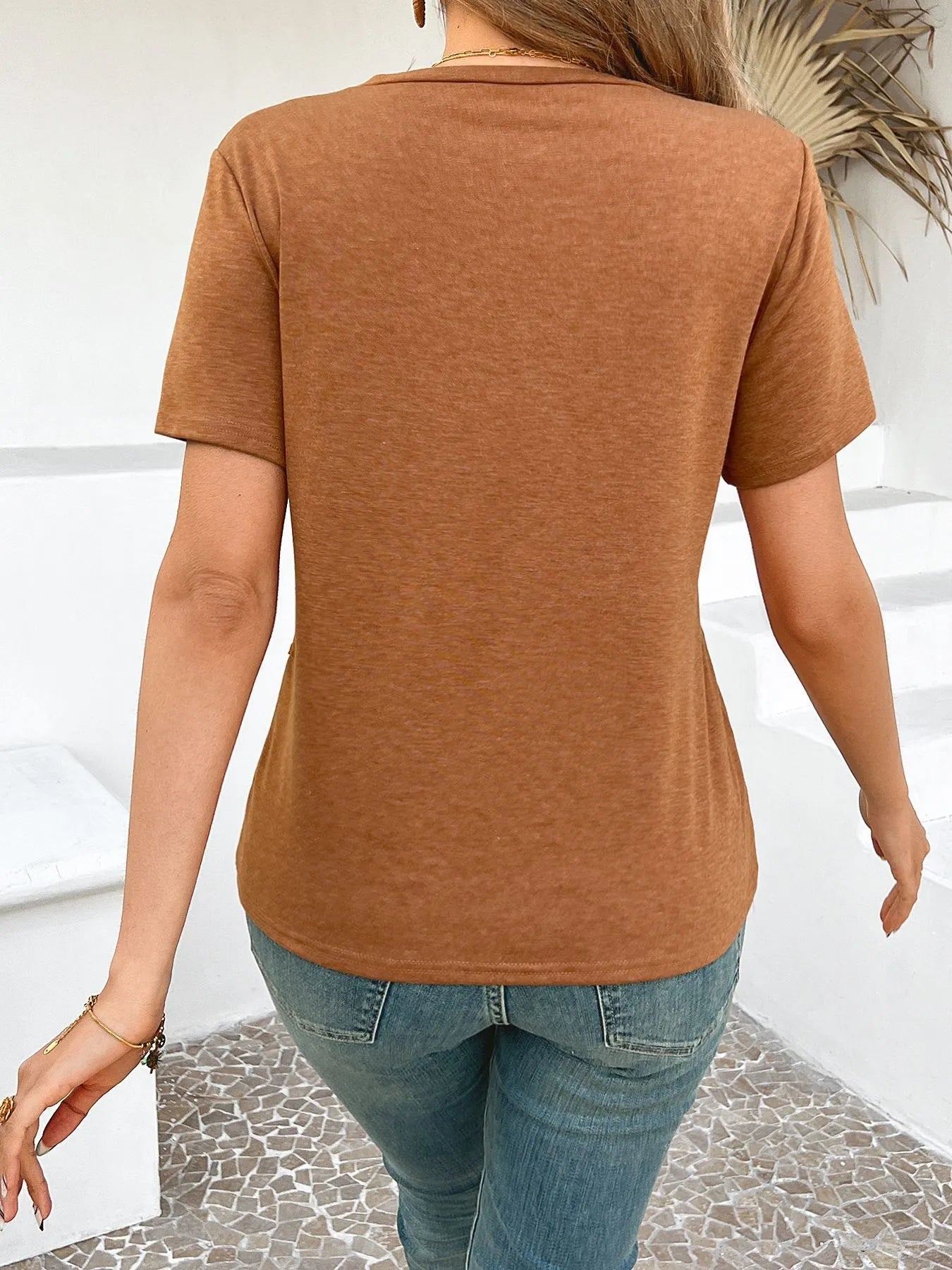 Cross Line Detail Round Neck T-Shirt - Tigbul's Variety Fashion Shop