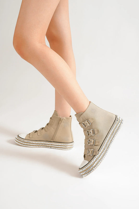 Khaki Multi-Buckle Straps Studded Platform Sneakers - Tigbul's Variety Fashion Shop