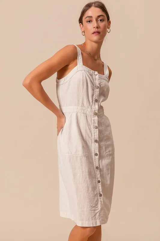 Button Down Pocket Front Off White Pinafore Dress - Tigbul's Variety Fashion Shop