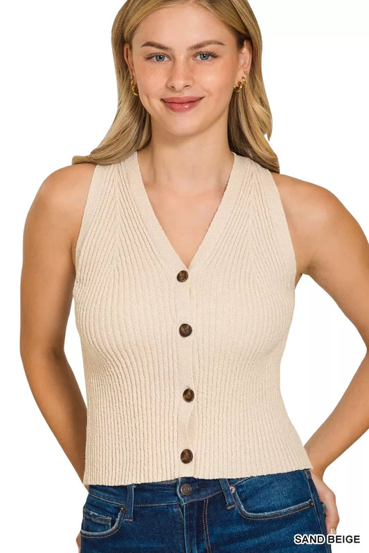 Zenana Ribbed Knit Button-Down Sweater Vest - Tigbul's Variety Fashion Shop