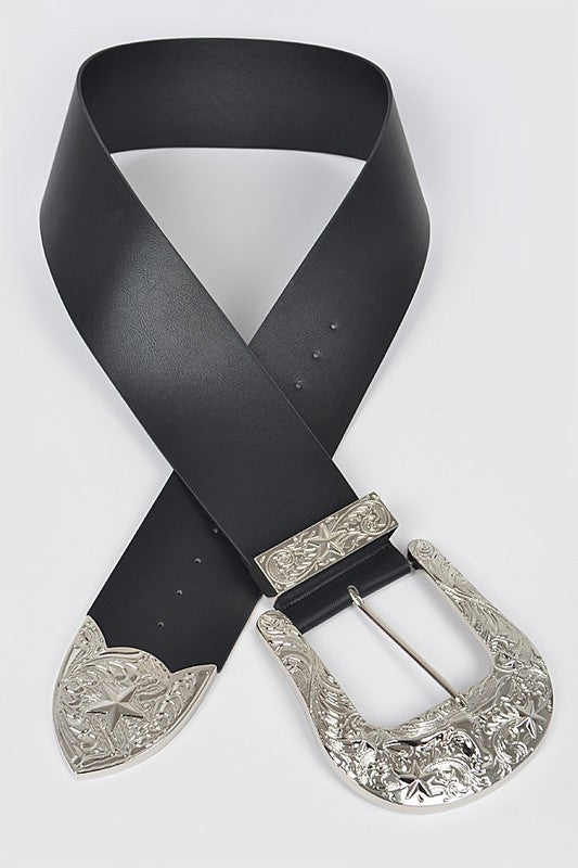 Plus Size Engraved Buckle Oversize Statement Belt - Tigbul's Variety Fashion Shop