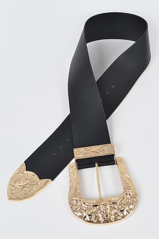 Plus Size Engraved Buckle Oversize Statement Belt - Tigbul's Variety Fashion Shop