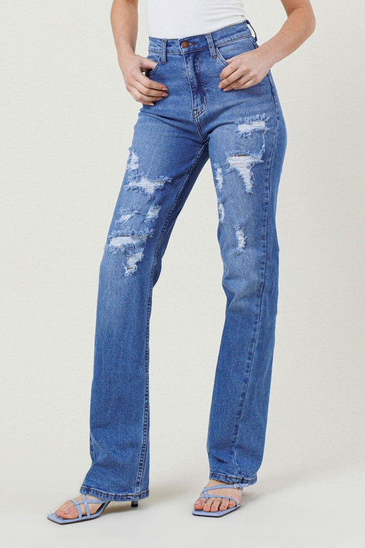 High Rise Distressed Straight Leg Jeans - Tigbul's Variety Fashion Shop