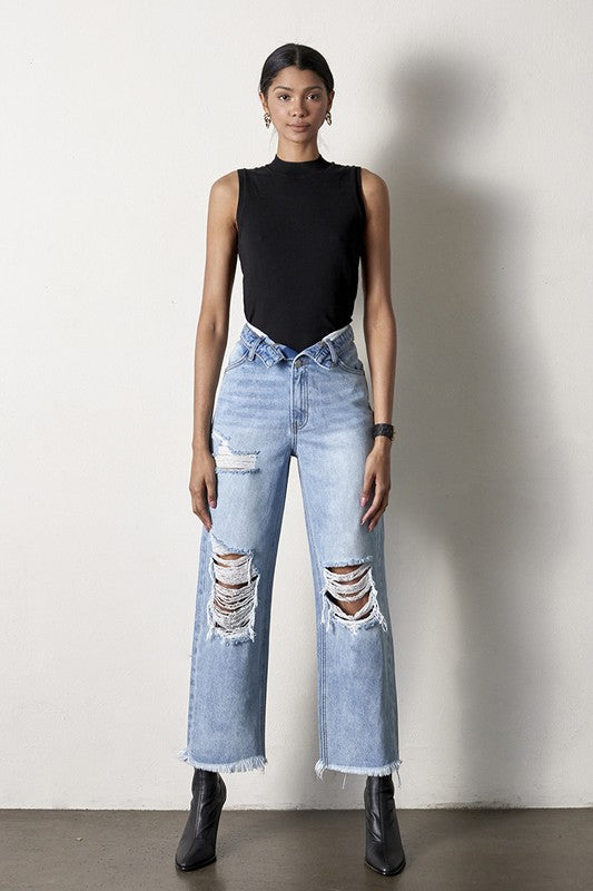 Frayed Flip Waist Straight Jeans - Tigbul's Variety Fashion Shop
