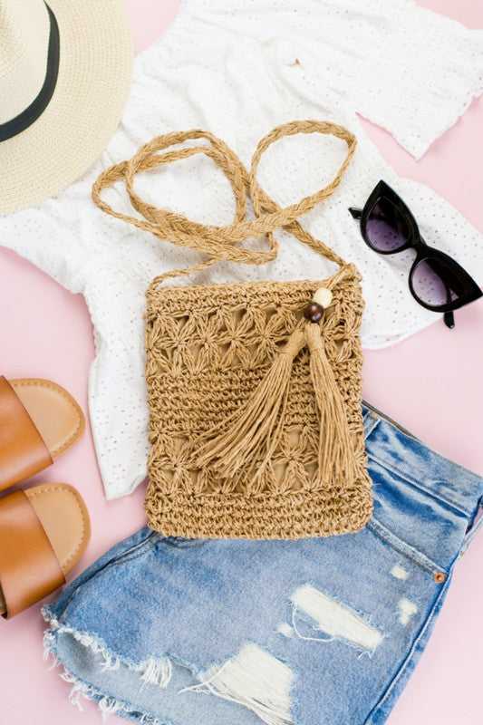 Woven Straw Tassel Accent Crossbody Bag - Tigbul's Variety Fashion Shop