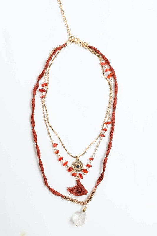 Carnelian & Crystal Drop Multi Layered Necklace - Tigbul's Variety Fashion Shop