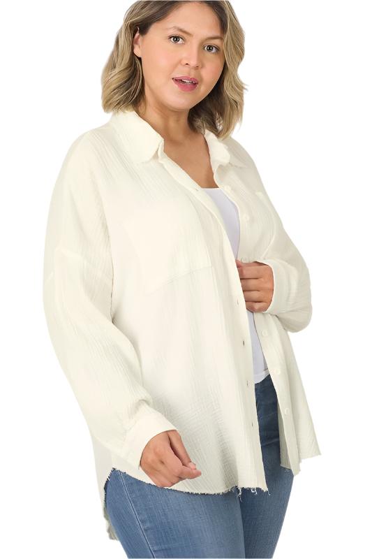 Plus Oversized Raw Edge Shirt - Tigbul's Variety Fashion Shop
