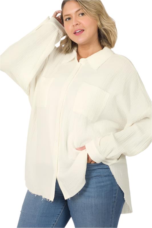 Plus Oversized Raw Edge Shirt - Tigbul's Variety Fashion Shop
