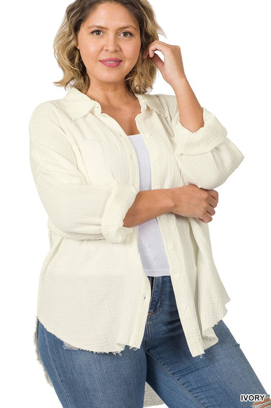 Plus Oversized Raw Edge Shirt - Tigbul's Variety Fashion Shop