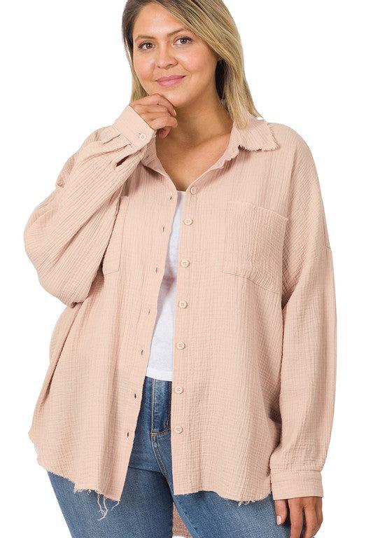 Plus Oversized Raw Edge Shirt - Tigbul's Variety Fashion Shop