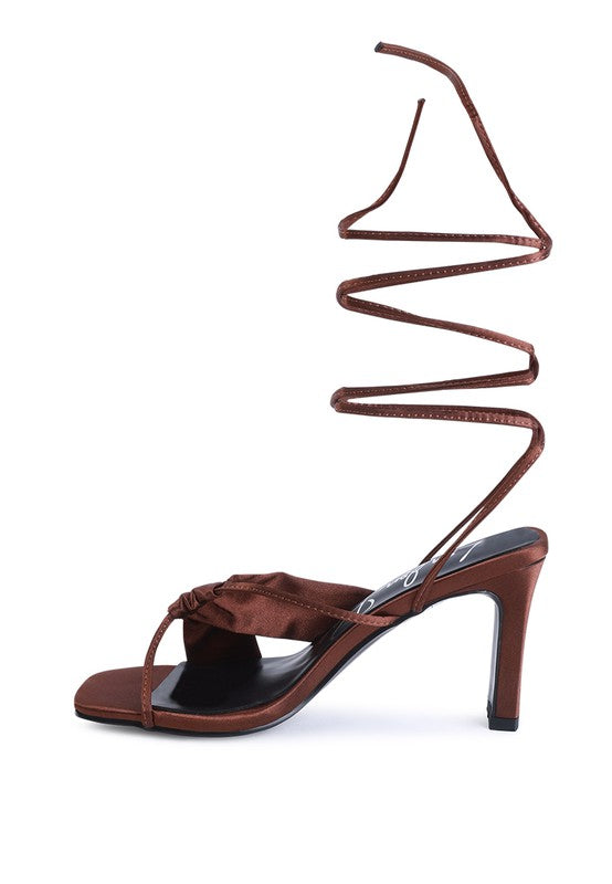 CHASM RUCHED SATIN TIE UP BLOCK HEELED SANDALS - Tigbul's Variety Fashion Shop