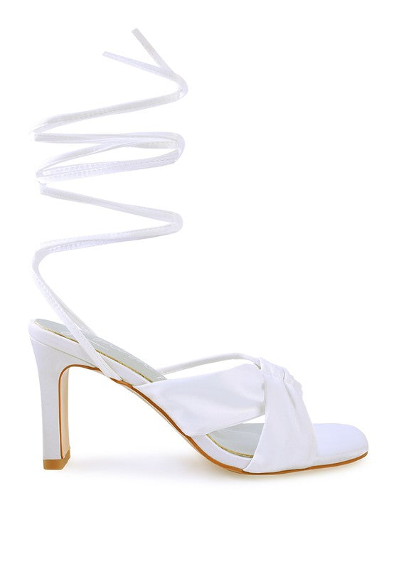 CHASM RUCHED SATIN TIE UP BLOCK HEELED SANDALS - Tigbul's Variety Fashion Shop